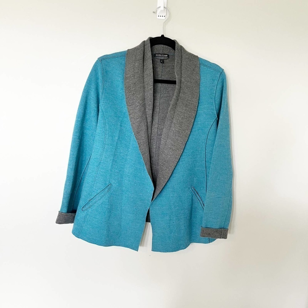 Eileen Fisher‎ wool blue and gray open blazer cardigan women’s medium